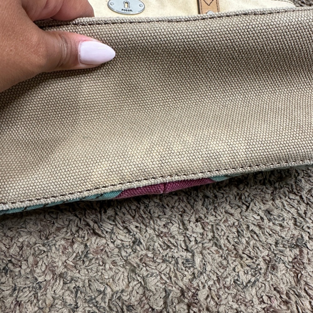 Fossil Canvas Tote Bag Multicolor Chevron Stripe Leather Trim Shoulder Bag READ - Picture 6 of 6